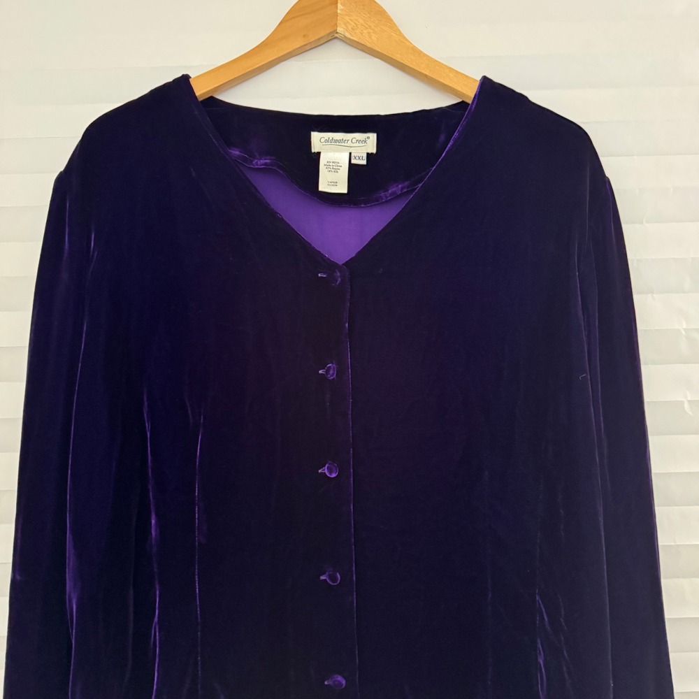 Coldwater Creek Purple Silk Blend Velvet Button Front Bell Sleeve Top XXL Chic